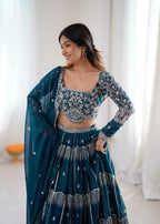 Teal Blue Colour Faux Georgette Fabric Thread Embroidery Lehenga Choli