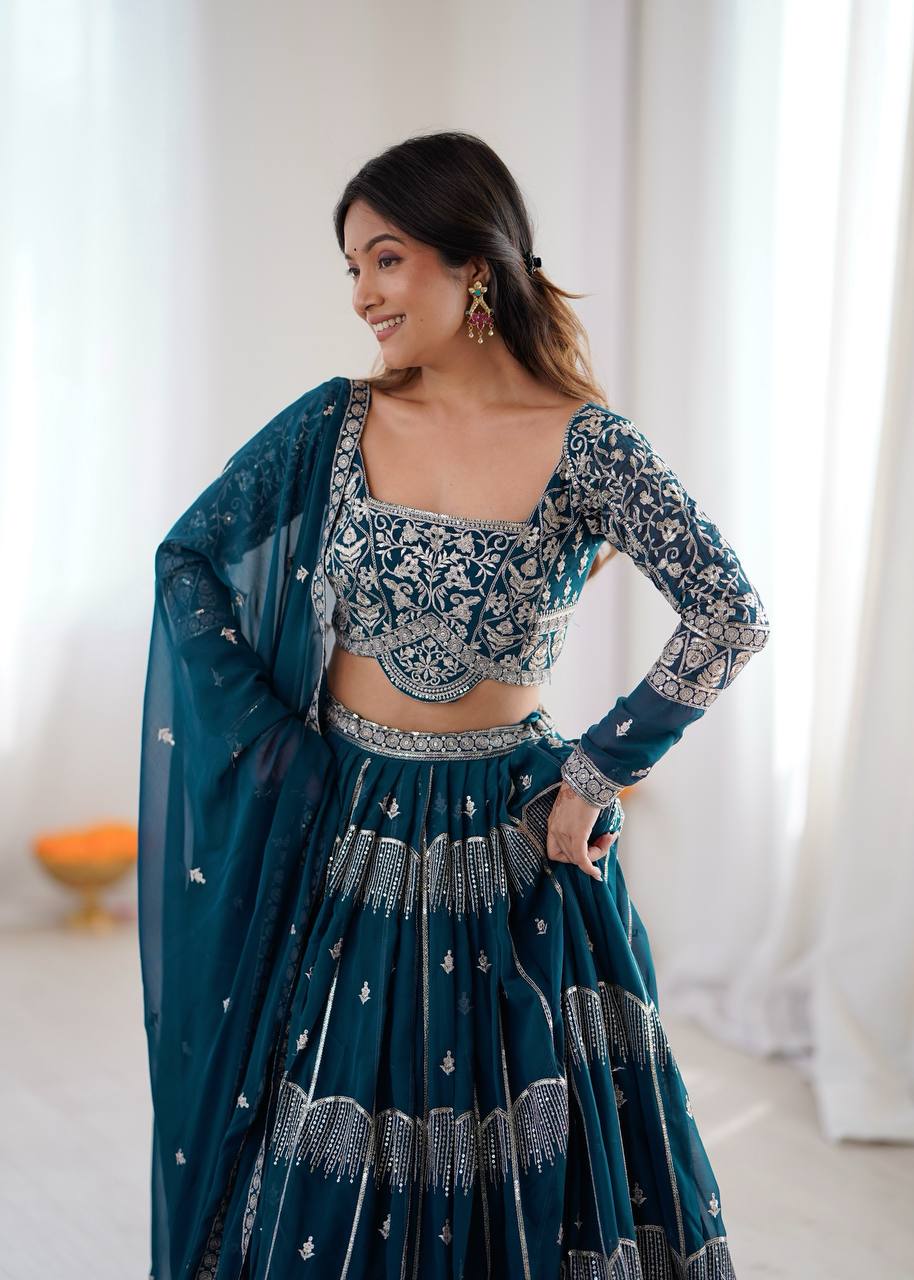 Teal Blue Colour Faux Georgette Fabric Thread Embroidery Lehenga Choli