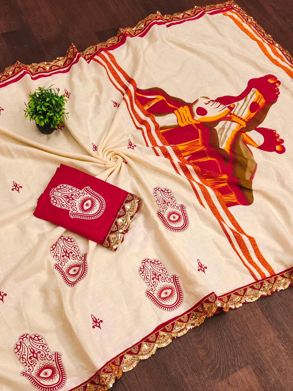 New Cream colour Special Traditional  Hit Design Pure Cotton Mulmul Saree Durga With Hevy Lace Border (Copy) (Copy) (Copy)