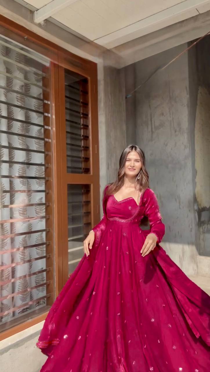Pink Colour Anarkali Gown And Pant With Dupatta Set