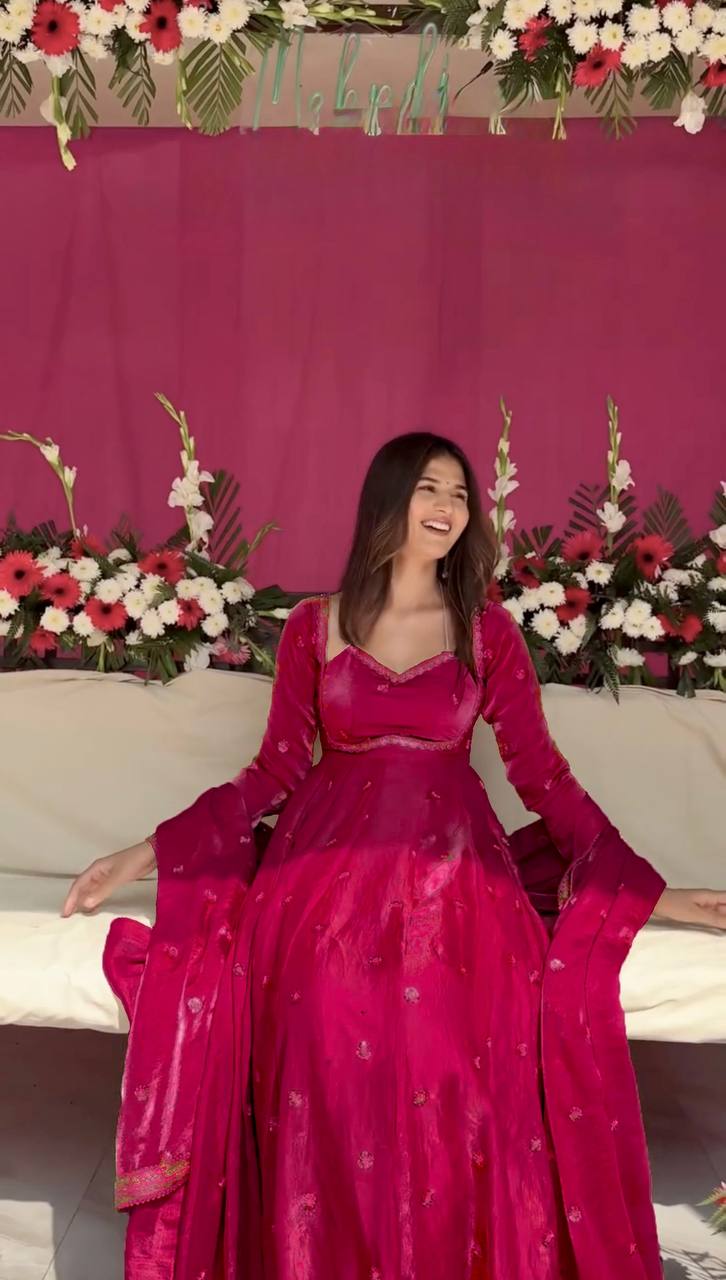 Pink Colour Anarkali Gown And Pant With Dupatta Set