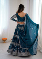 Teal Blue Colour Faux Georgette Fabric Thread Embroidery Lehenga Choli