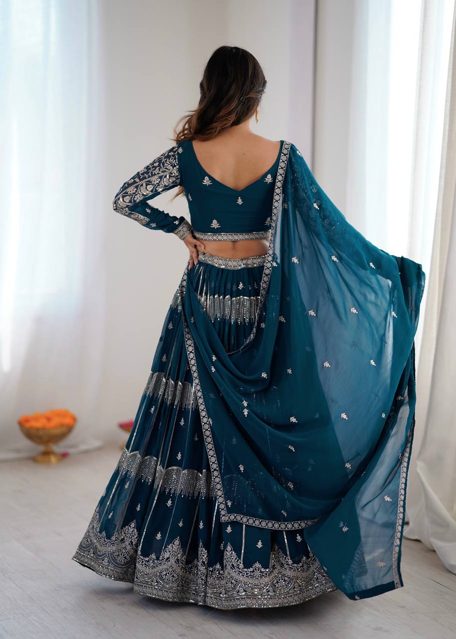 Teal Blue Colour Faux Georgette Fabric Thread Embroidery Lehenga Choli