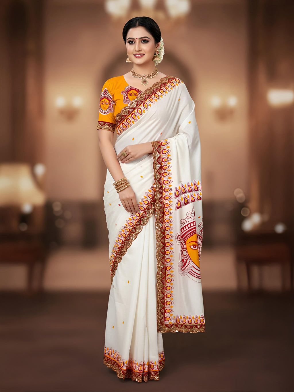 New White colour Special Traditional  Hit Design Pure Cotton Mulmul Saree Durga With Hevy Lace Border (Copy) (Copy) (Copy) (Copy)