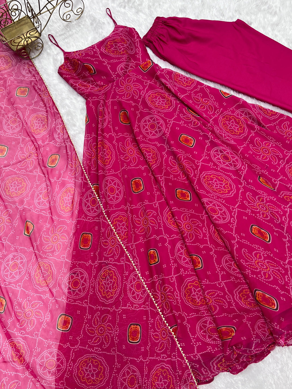 Pink Pure Soft Lightweight Chiffon Bandhej Triangle Lace Work Salwar Suit