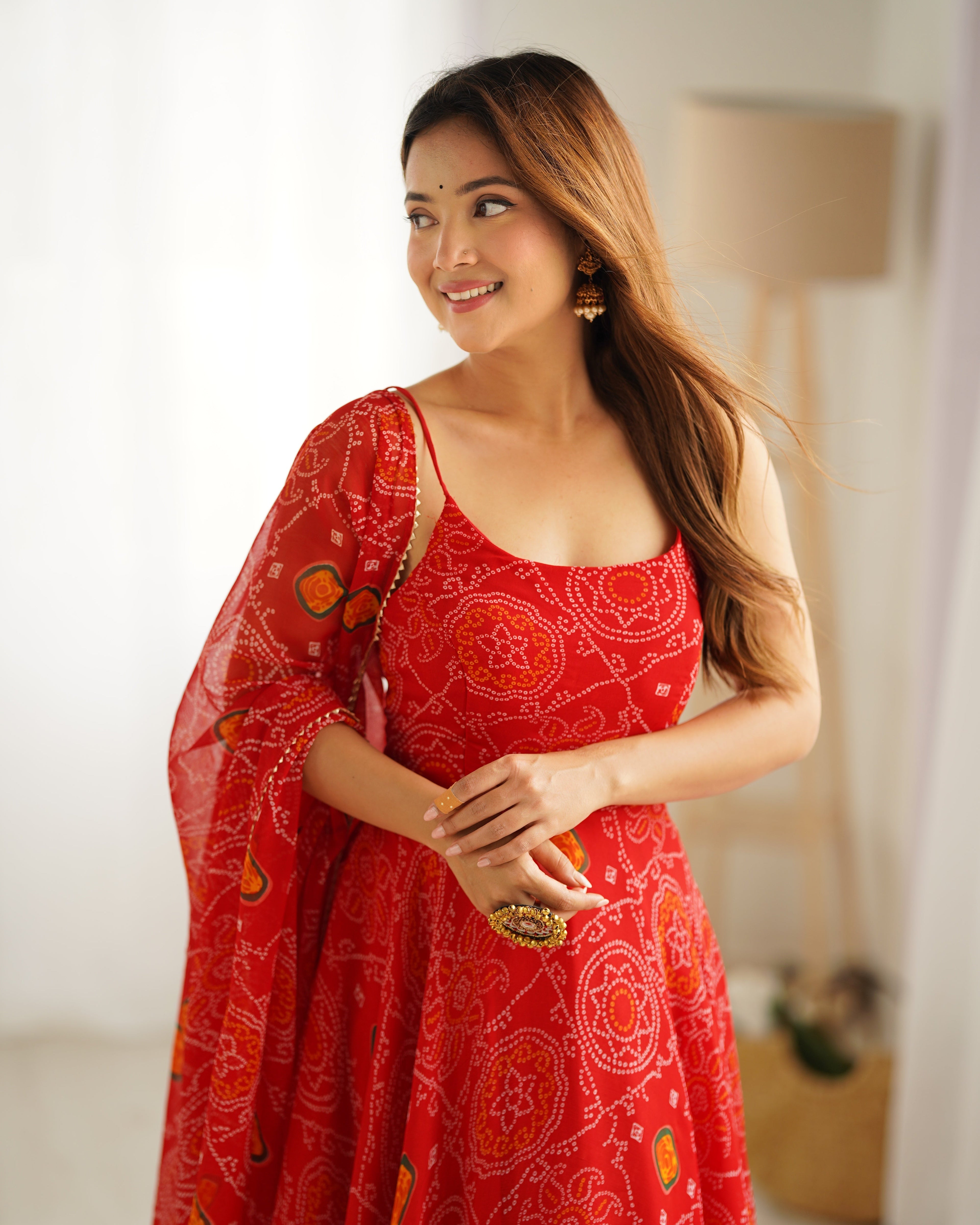 Red Pure Soft Lightweight Chiffon Bandhej Triangle Lace Work Salwar Suit