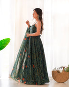 Dark Green Pure Soft Lightweight Chiffon Bandhej Triangle Lace Work Salwar Suit