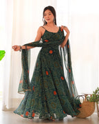 Dark Green Pure Soft Lightweight Chiffon Bandhej Triangle Lace Work Salwar Suit