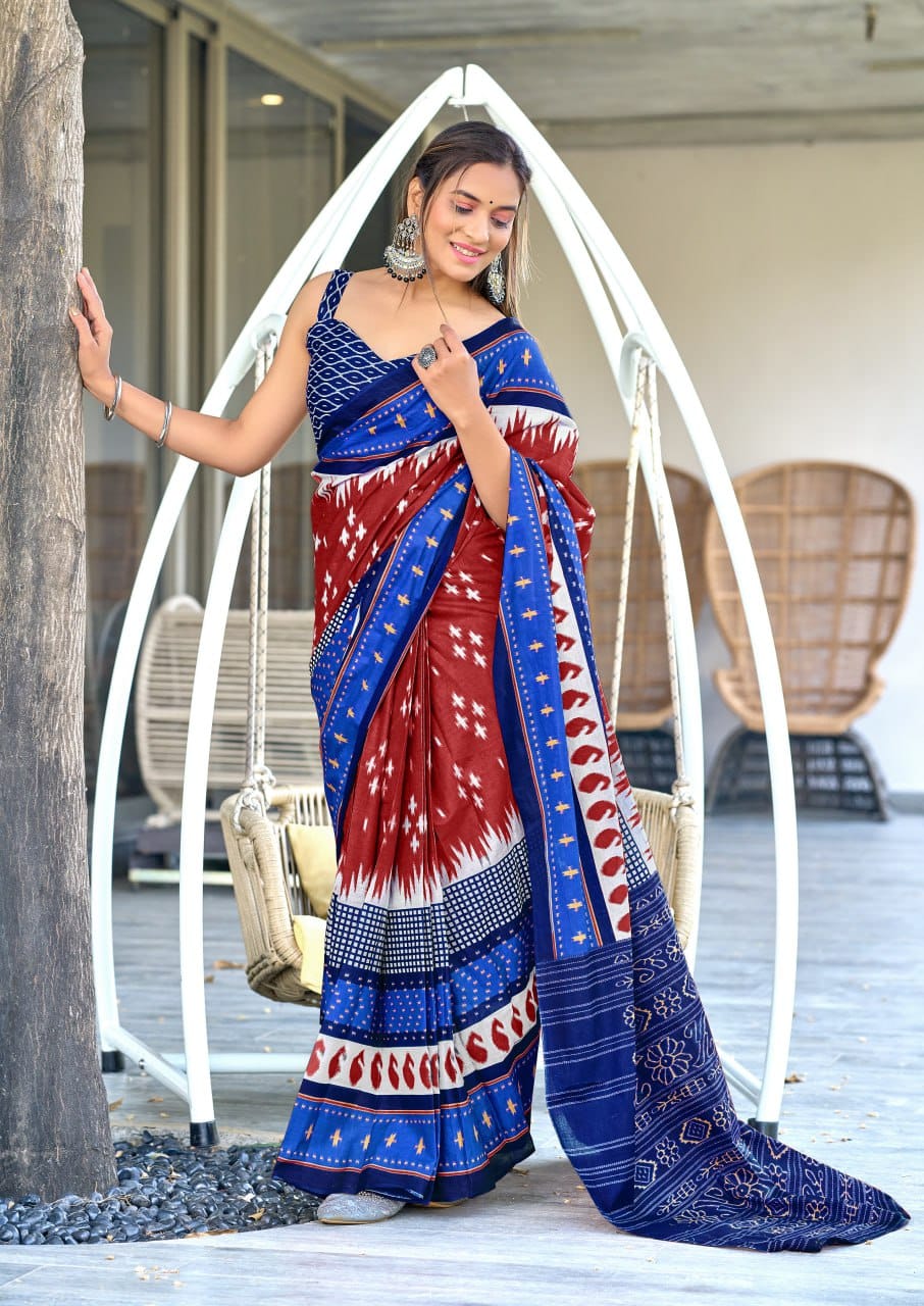 Maroon Blue Designer Soft Cotton Saree