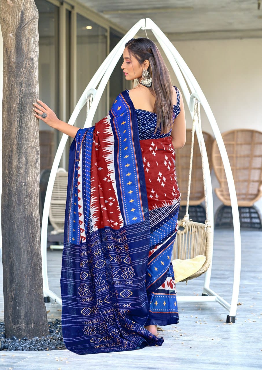 Maroon Blue Designer Soft Cotton Saree