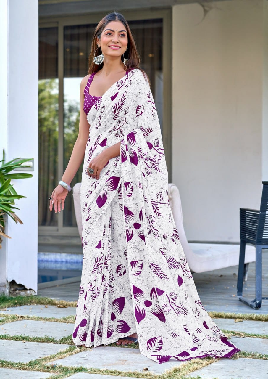 White Purple Designer Soft Cotton Saree