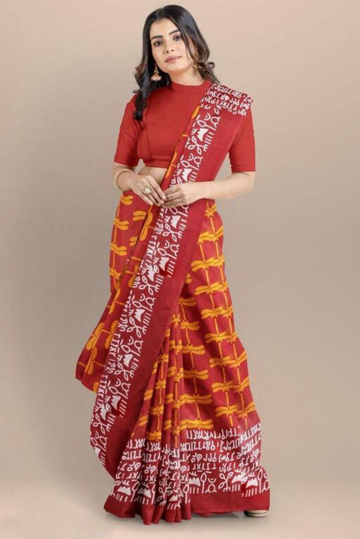 Red Yellow Designer Soft Cotton Saree