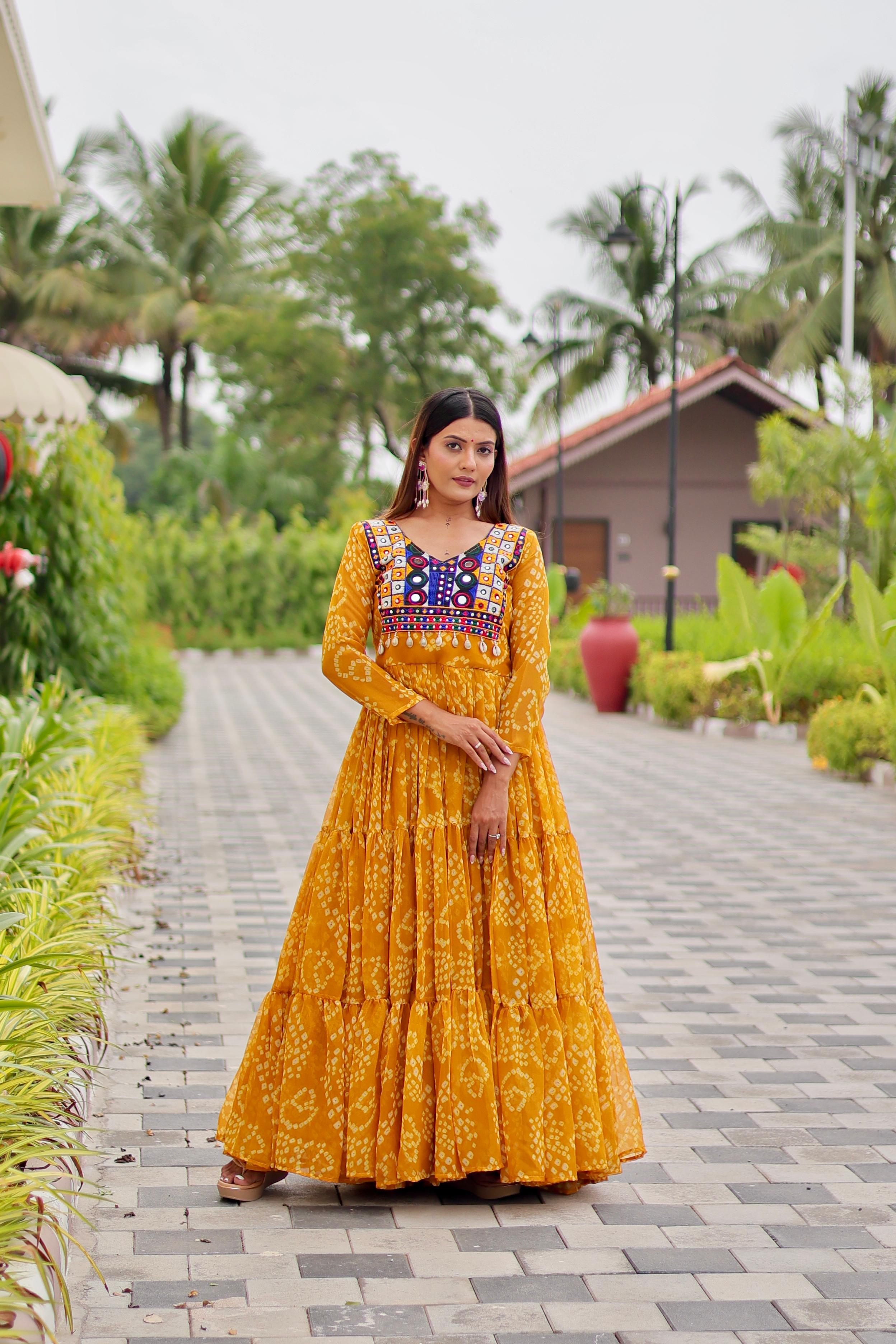 Yellow Color Traditional & Modern Ethnic Wear Stunning Bandhani Gowns